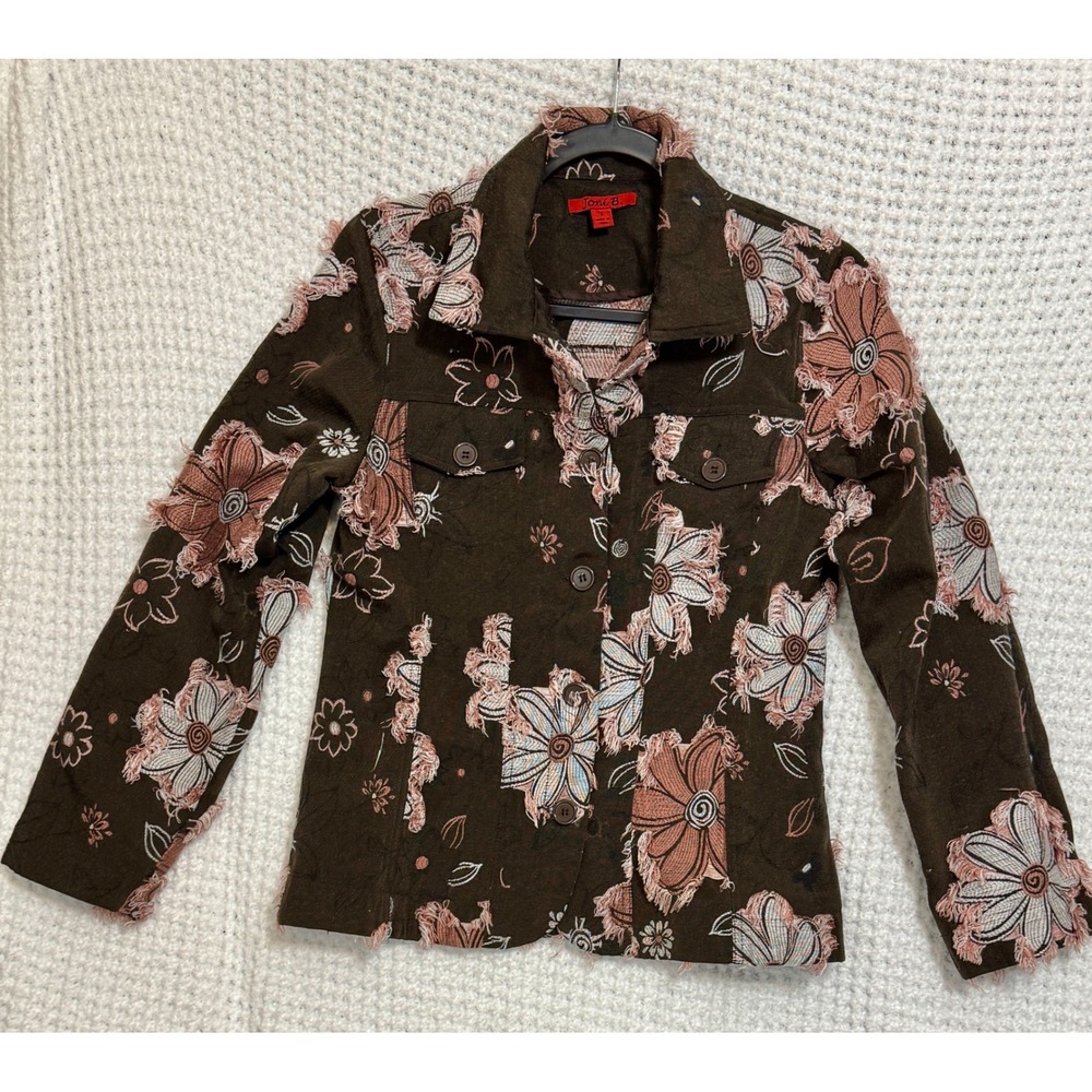 Joni B. Women's Brown Floral Embroidered Fringed Jacket Size S